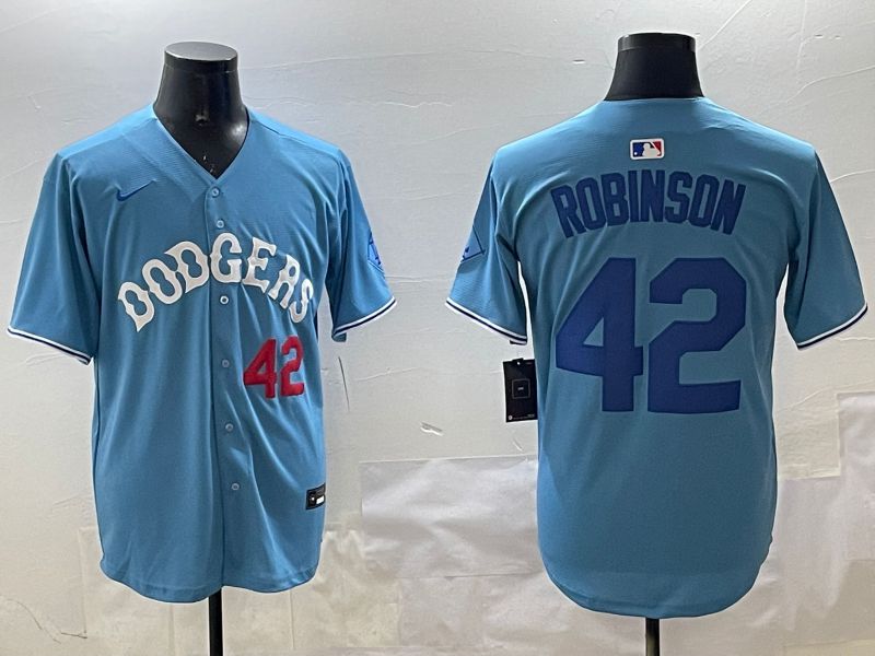 Men Los Angeles Dodgers #42 Robinson Light Blue Joint Name 2025 Nike MLB Jersey style 8